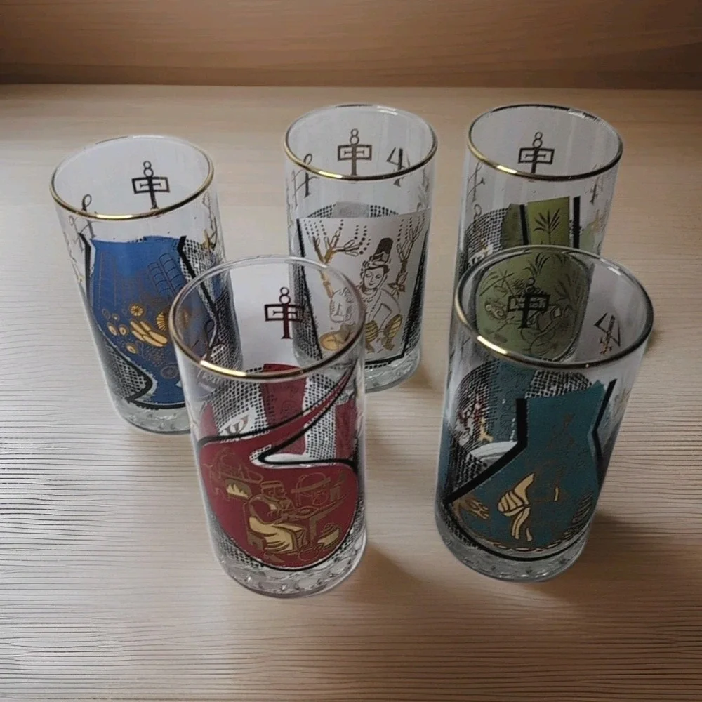 Vintage Roerig Pfizer Pharmaceutical Kalamazoo Promo Glasses Set of 5 MCM 1960's